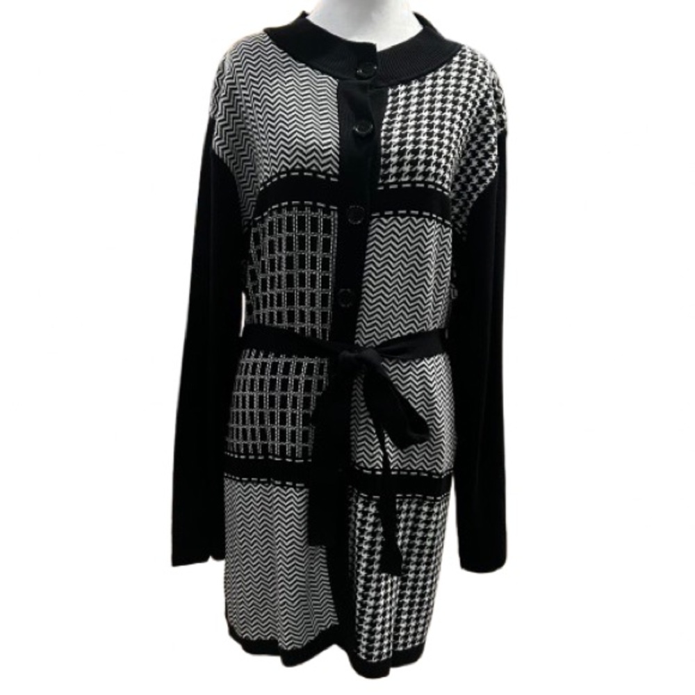 NWT Alfred Dunner Black & White Geometric Knit Dress 1X Belted Office Chic Retro